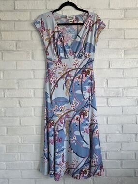 Vintage Y2K D.J. Summers Dress Blue Floral Kimono Wrap Top Fit/Flare 6 Slinky